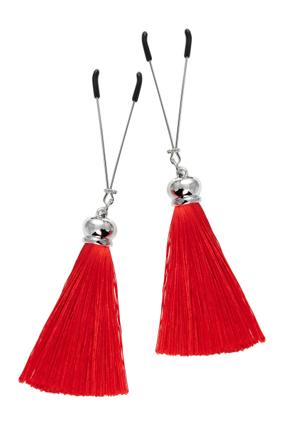 Зажимы на соски «вилки» с кисточками из шелка Pecado BDSM, Красные