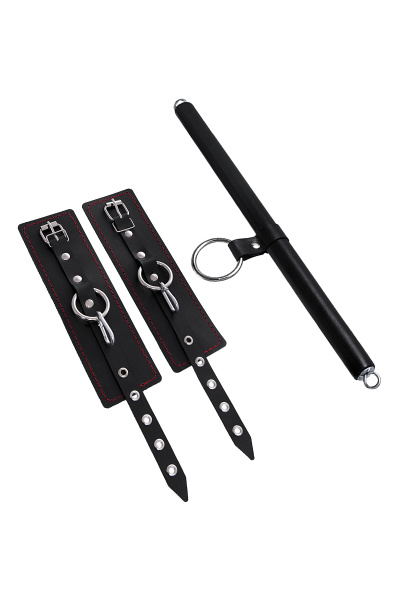 Бандажный набор 3 точки фиксации Pecado BDSM (маленькая распорка, наручники), натуральная кожа, черн